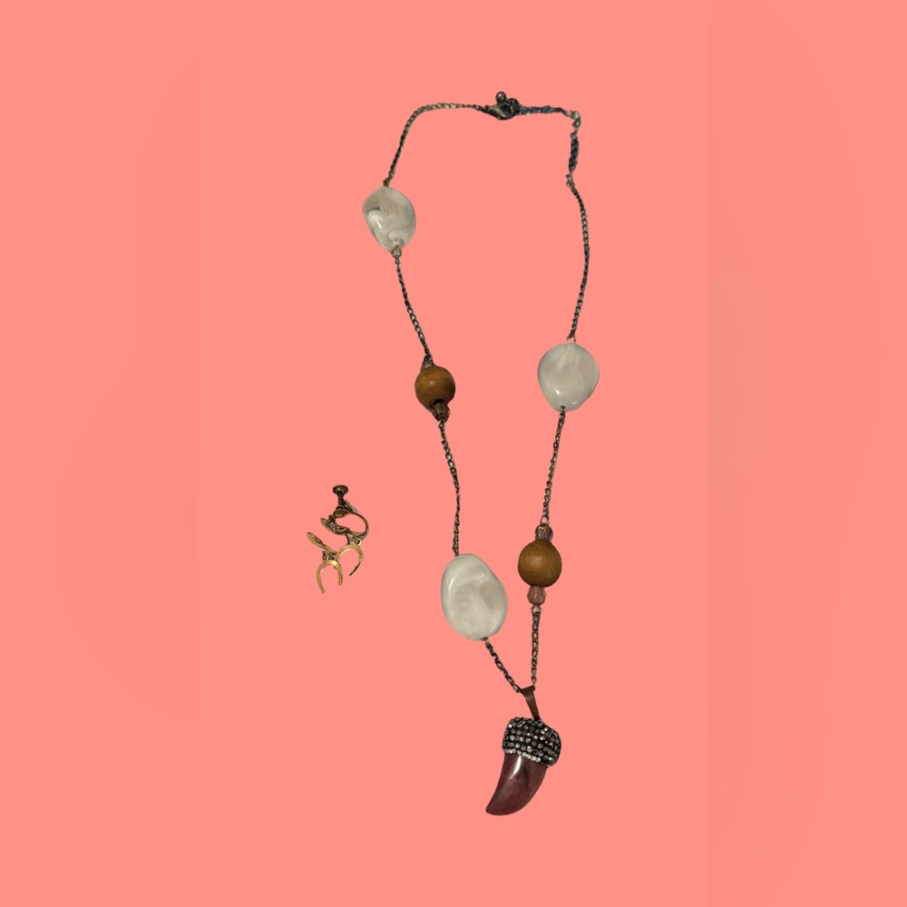 HandCrafted Beaded Necklace with a Carnelian horn pendant with vintage Earrings
